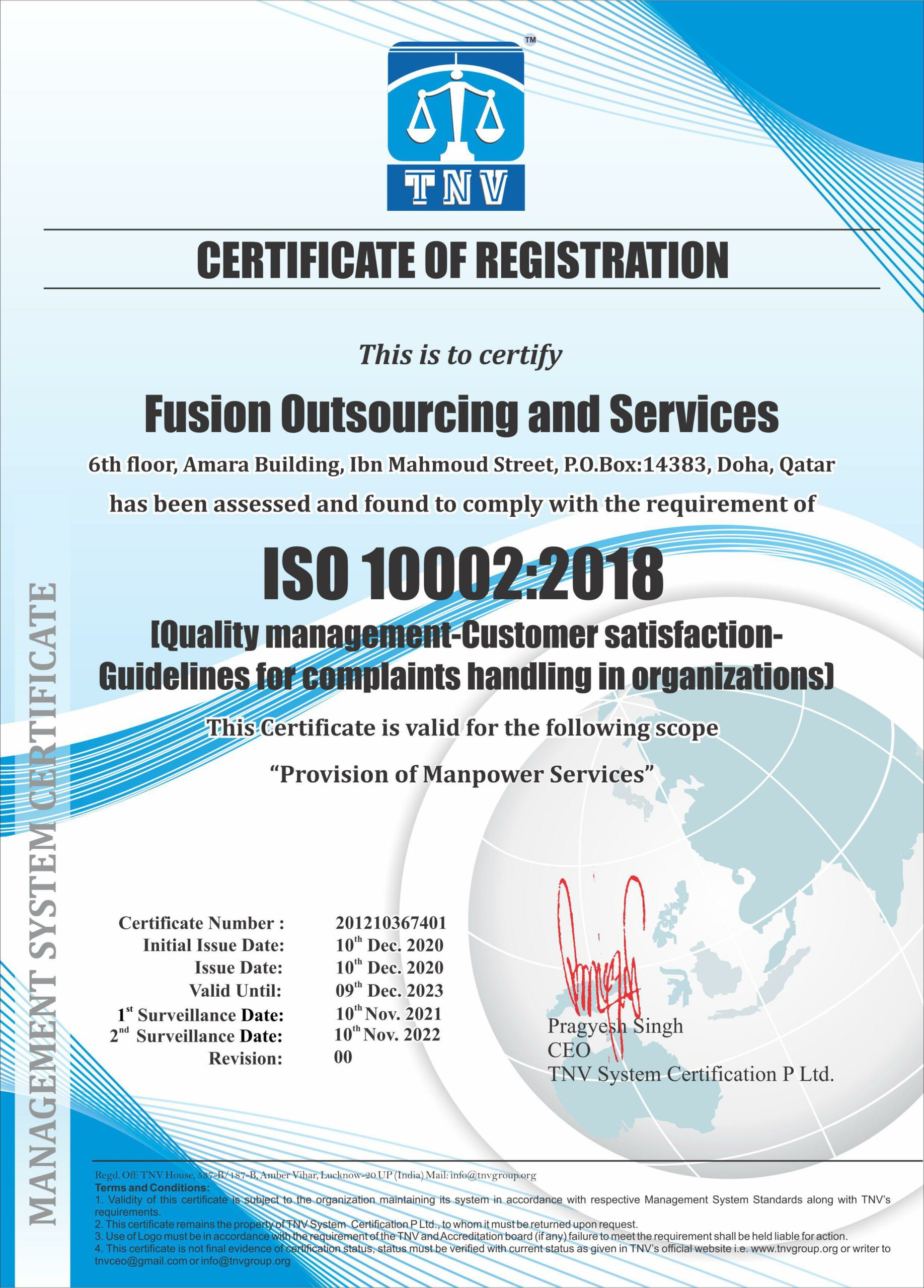ISO 10002:2018 <br> Customer Satisfaction Management System
