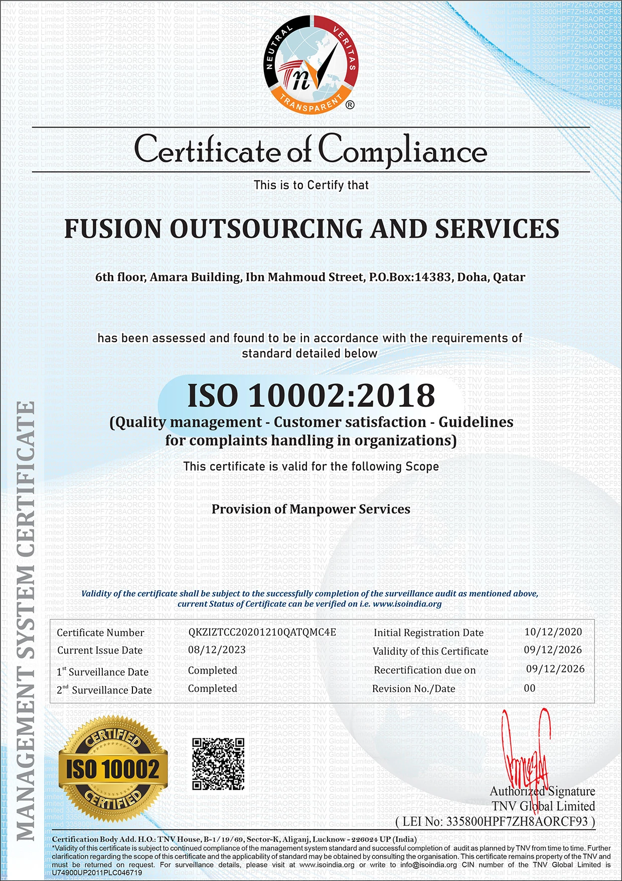 ISO 10002:2018 <br> Customer Satisfaction Management System